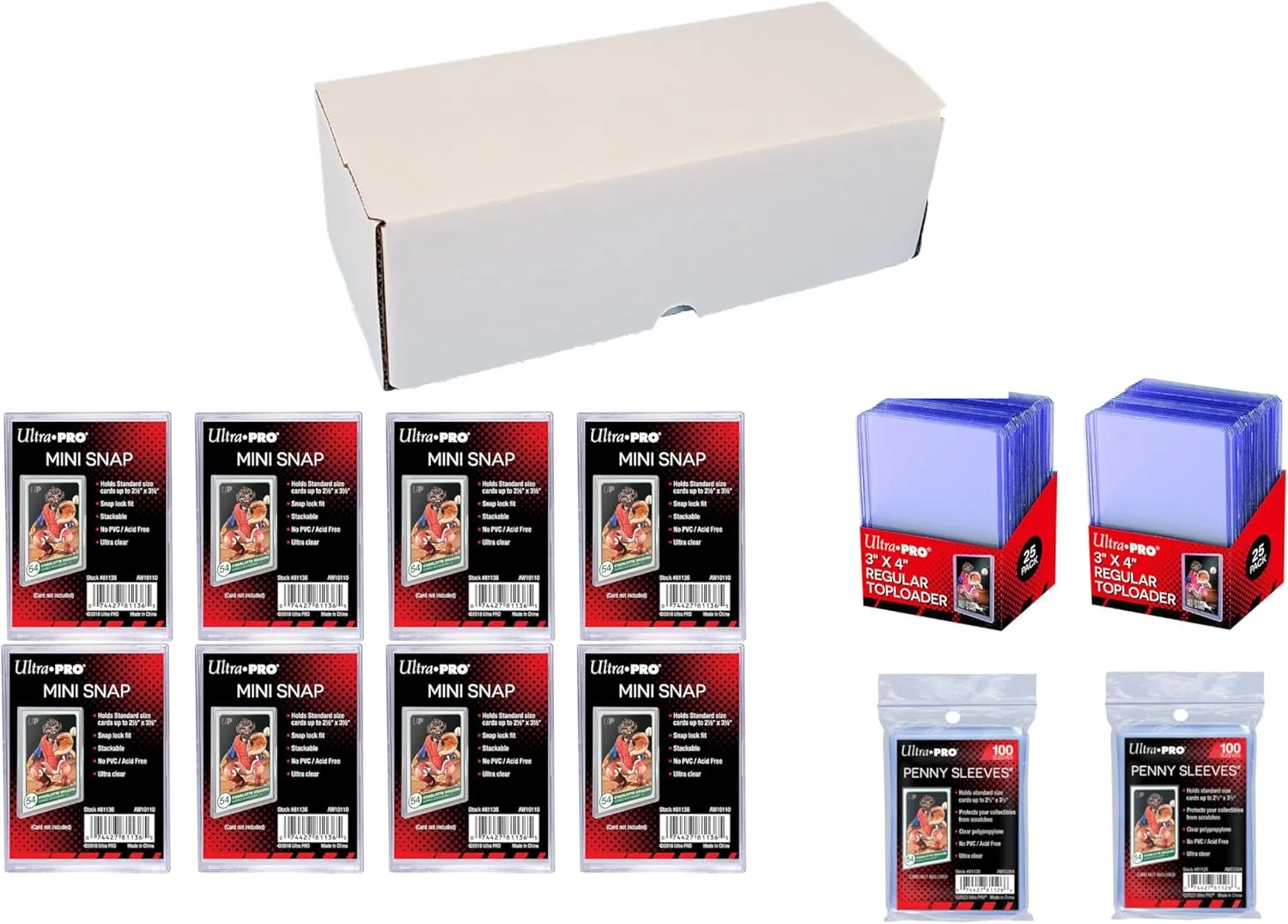 Card Collector Supply Bundle: 500 Count Cardboard Card Storage Box   2 Packs of Ultra Pro Soft Sleeves   2 Packs of Ultra Pro Regular Toploaders   8 Ultra Pro MIni Snaps