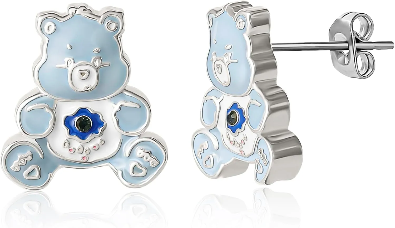 Care Bears Stud Earrings for Women Official License, Silver Flash-Plated 3D Wish Bear or Cheer Bear Earrings with Crystal