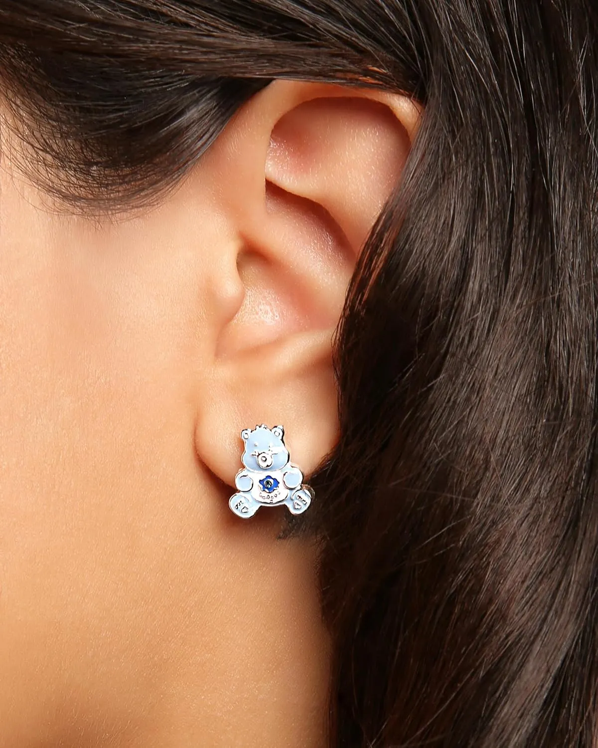 Care Bears Stud Earrings for Women Official License, Silver Flash-Plated 3D Wish Bear or Cheer Bear Earrings with Crystal
