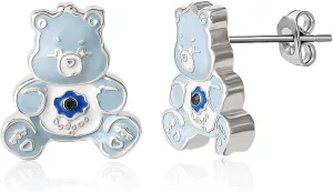 Care Bears Stud Earrings for Women Official License, Silver Flash-Plated 3D Wish Bear or Cheer Bear Earrings with Crystal