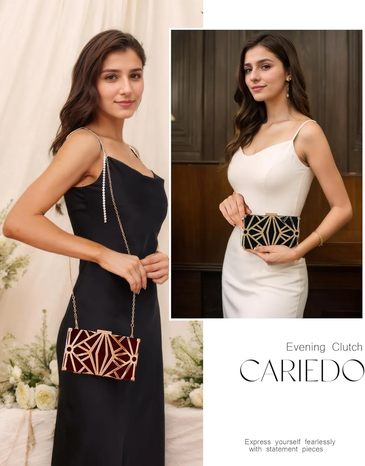 CARIEDO Women Evening Bag Elegant Clutch Purse Exquisite Velvet Metal Hollow out Handbags Prom Wedding Party (black)