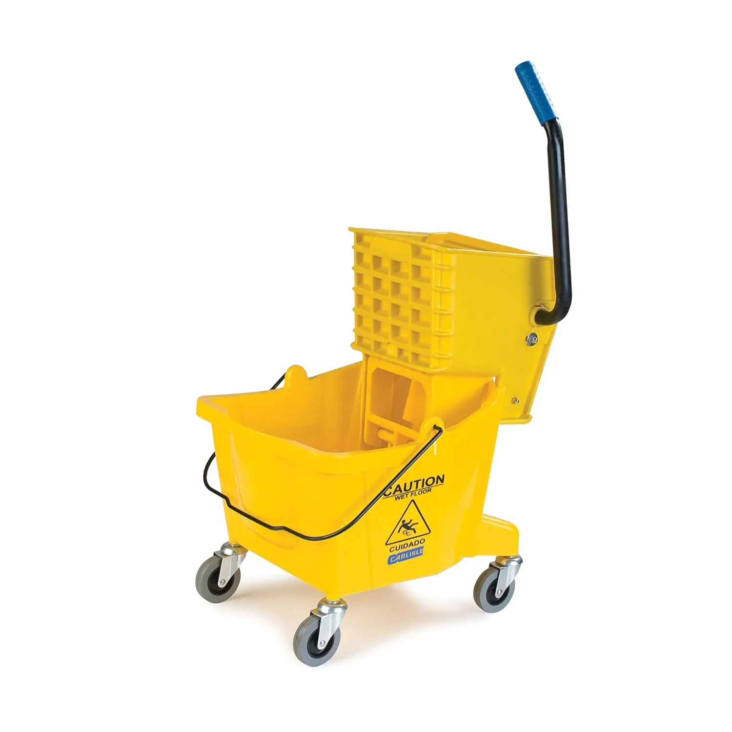 Carlisle FoodService Products 26-Quart Commercial Mop Bucket with Side-Press Wringer, Precision-Molded Polypropylene, Durable Wringer, Bucket with Non-Marking Casters, 18.5 x 16.5 x 23 Inches, Yellow
