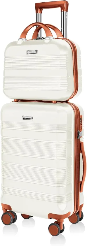 Carry On Luggage 22x14x9 Airline Approved, Hard Case Luggage Sets 2 Piece, PC ABS Small Luggage Suitcase with TSA Lock & Spinner Wheels (14/20) - Beige Brown