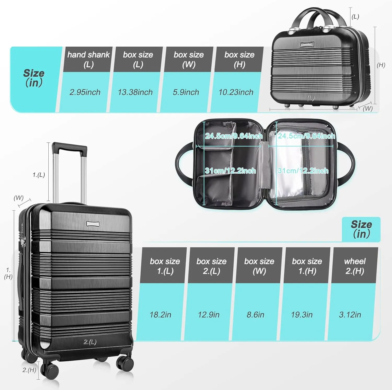 Carry On Luggage 22x14x9 Airline Approved, Hard Case Luggage Sets 2 Piece, PC ABS Small Luggage Suitcase with TSA Lock & Spinner Wheels (14/20) - Black