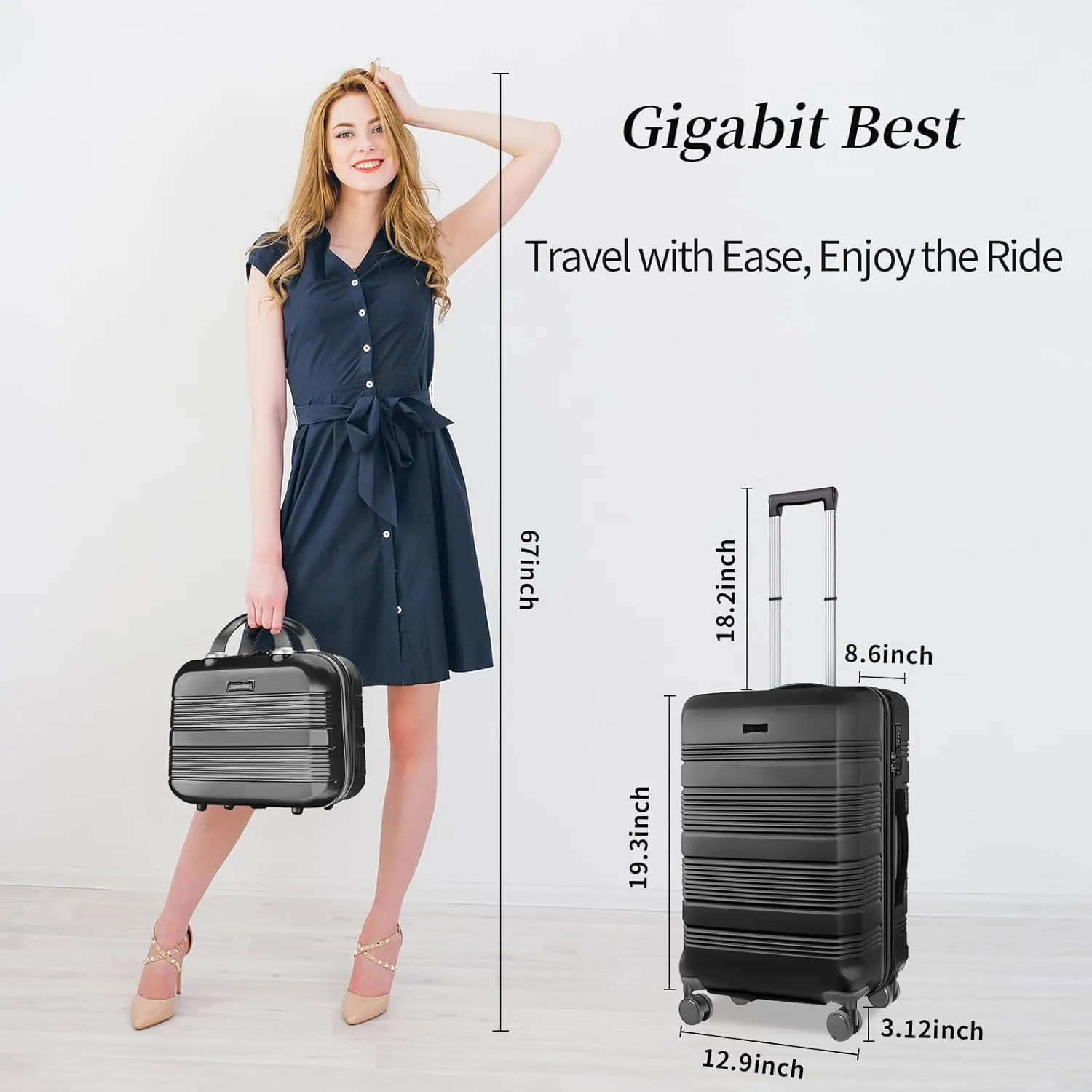 Carry On Luggage 22x14x9 Airline Approved, Hard Case Luggage Sets 2 Piece, PC ABS Small Luggage Suitcase with TSA Lock & Spinner Wheels (14/20) - Black