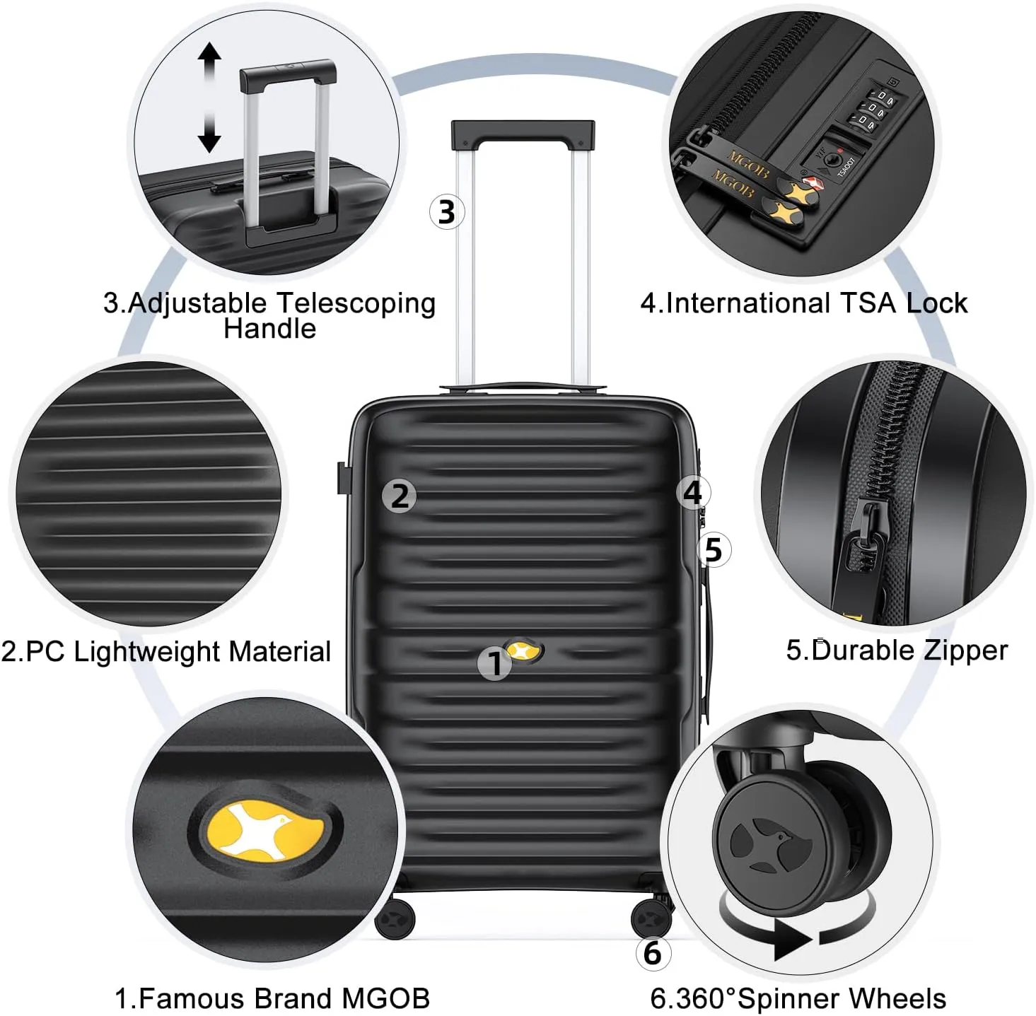 Carry On Luggage 22x14x9 Airline Approved, PC Hard Suitcases with Spinner Wheels, Lightweight Luggage, TSA Approved, 20 Inch Carry-On, Black