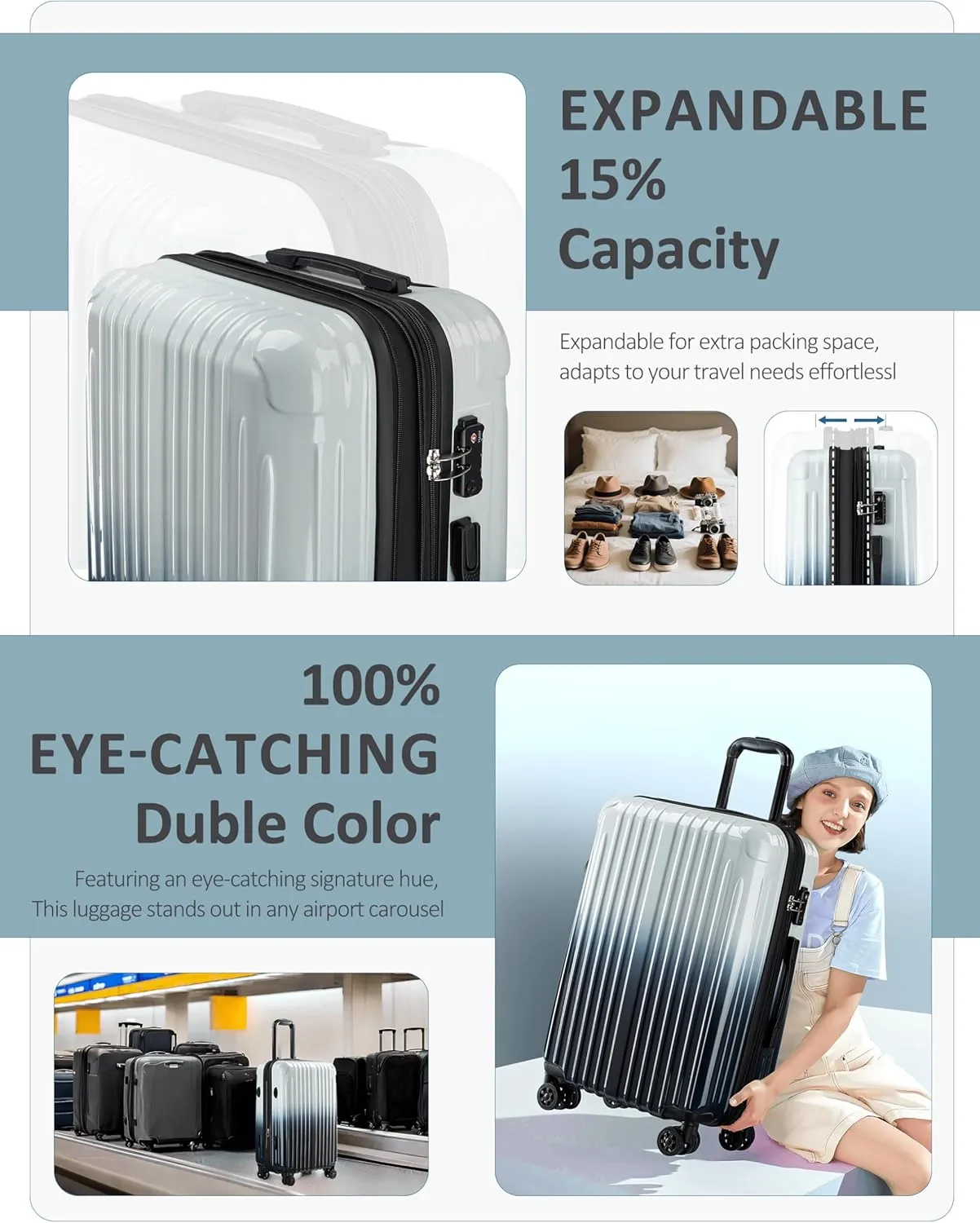 Carry on Luggage - Airline Approved Suitcases with Spinner Wheels, Built-In TSA Lock，Hard Shell Expandable Suitcases