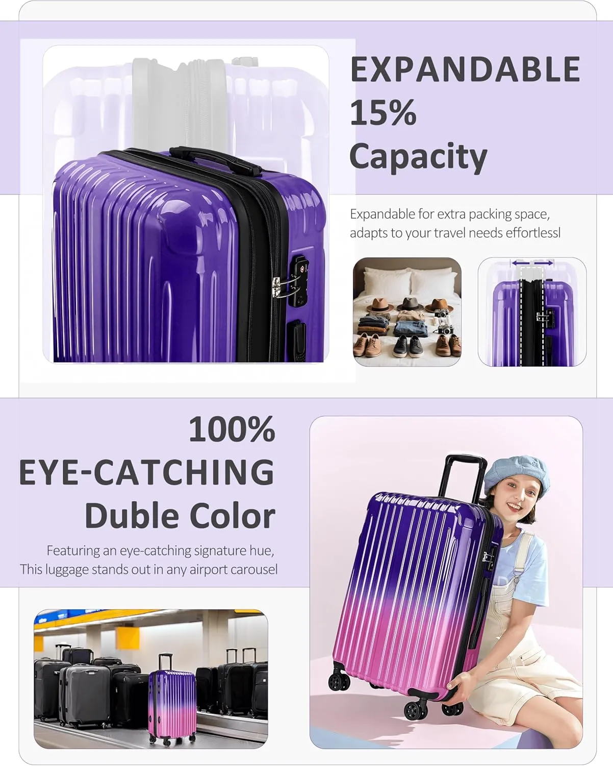 Carry on Luggage - Airline Approved Suitcases with Spinner Wheels, Built-In TSA Lock，Hard Shell Expandable Suitcases