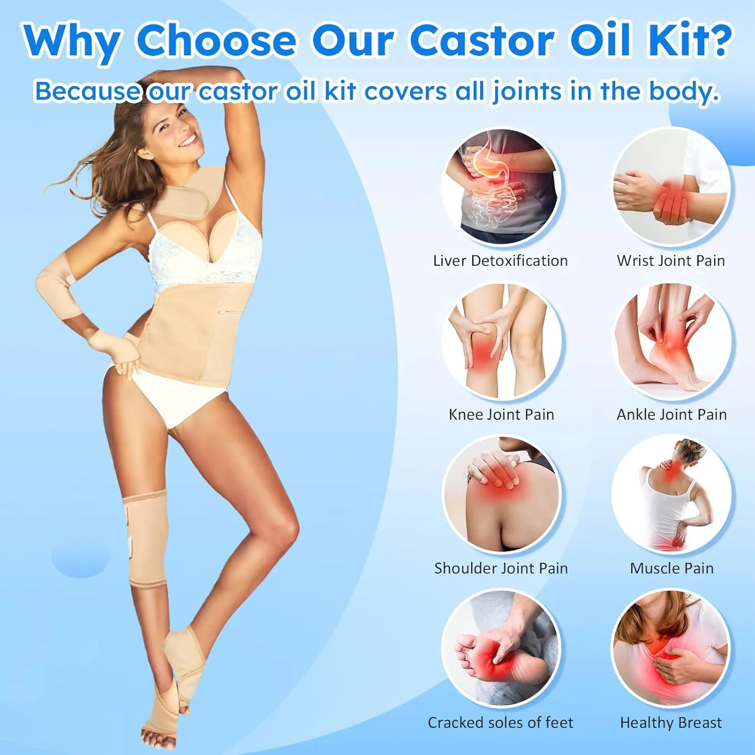 Castor Oil Pack Wrap,10 pcs Reusable Organic Castor Oil Pack Kit with Adjustable Elastic Straps for Neck Shoulder Chest Waist Knee and Feet, Castor Oil Wrap Cotton Machine Washable Anti Oil Leak