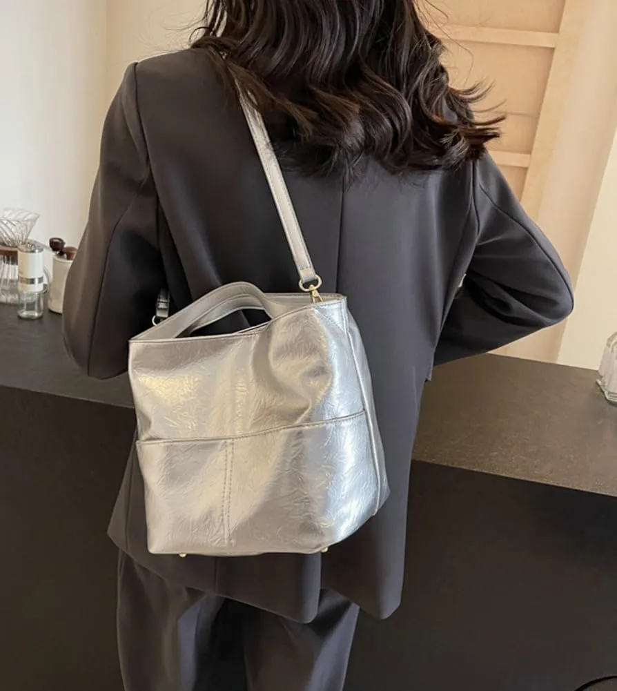 Casual Bucket Crossbody Shoulder Bag for Women Small Tote Purse Vegan Leather Handbag Cute Satchel