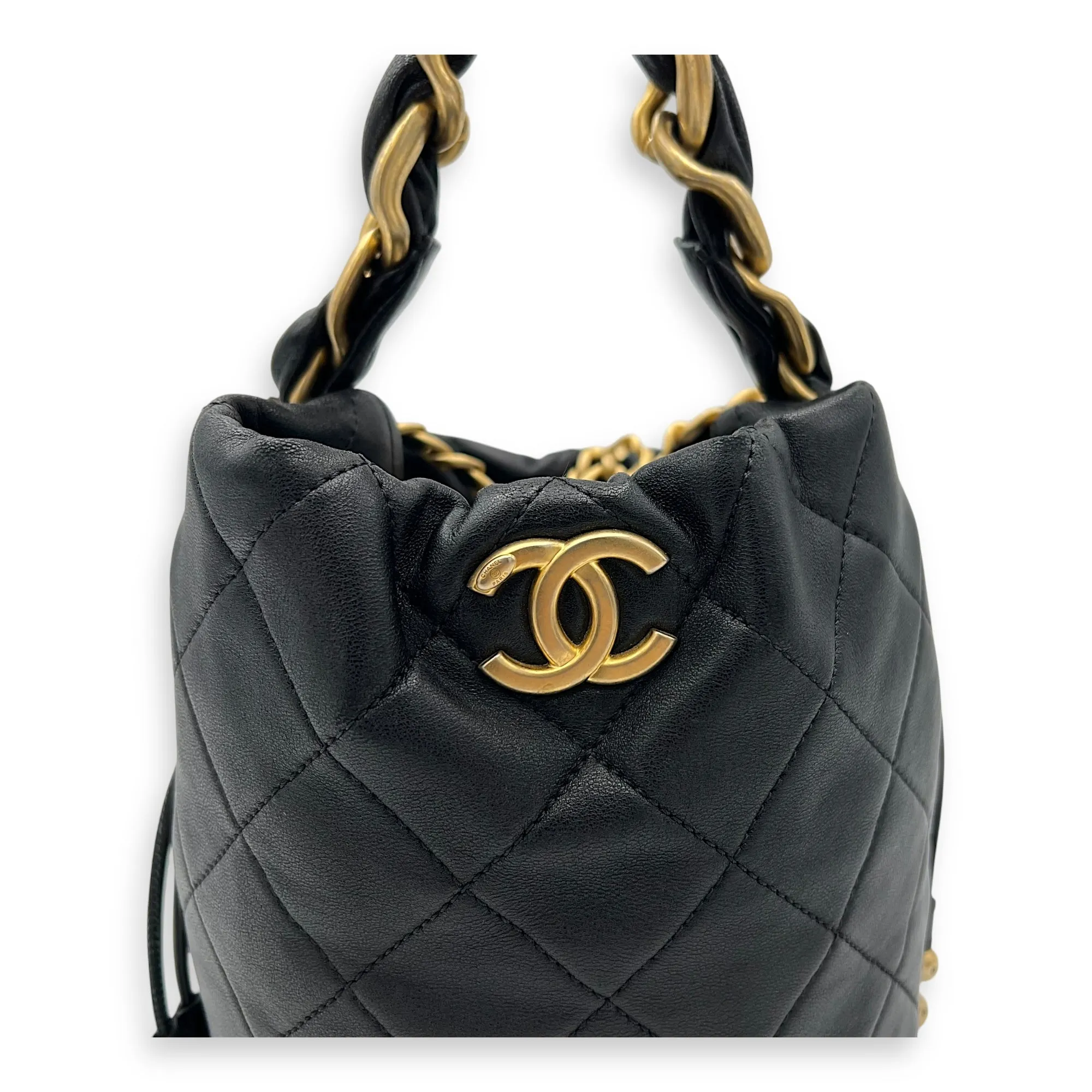 Chain is More Black Bucket Bag in Calfskin, Gold hardware
