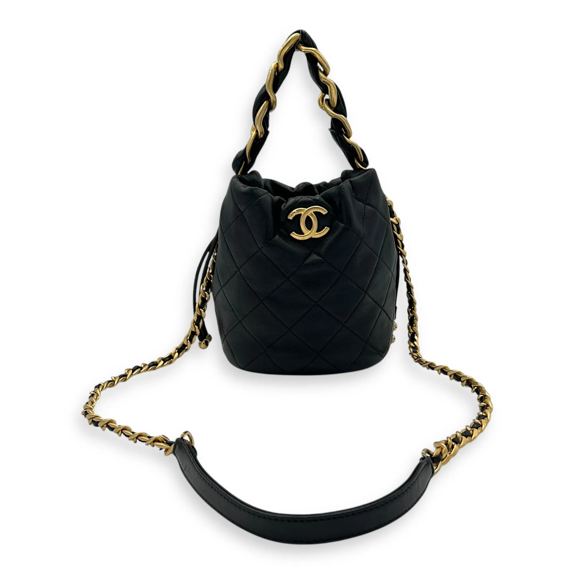 Chain is More Black Bucket Bag in Calfskin, Gold hardware