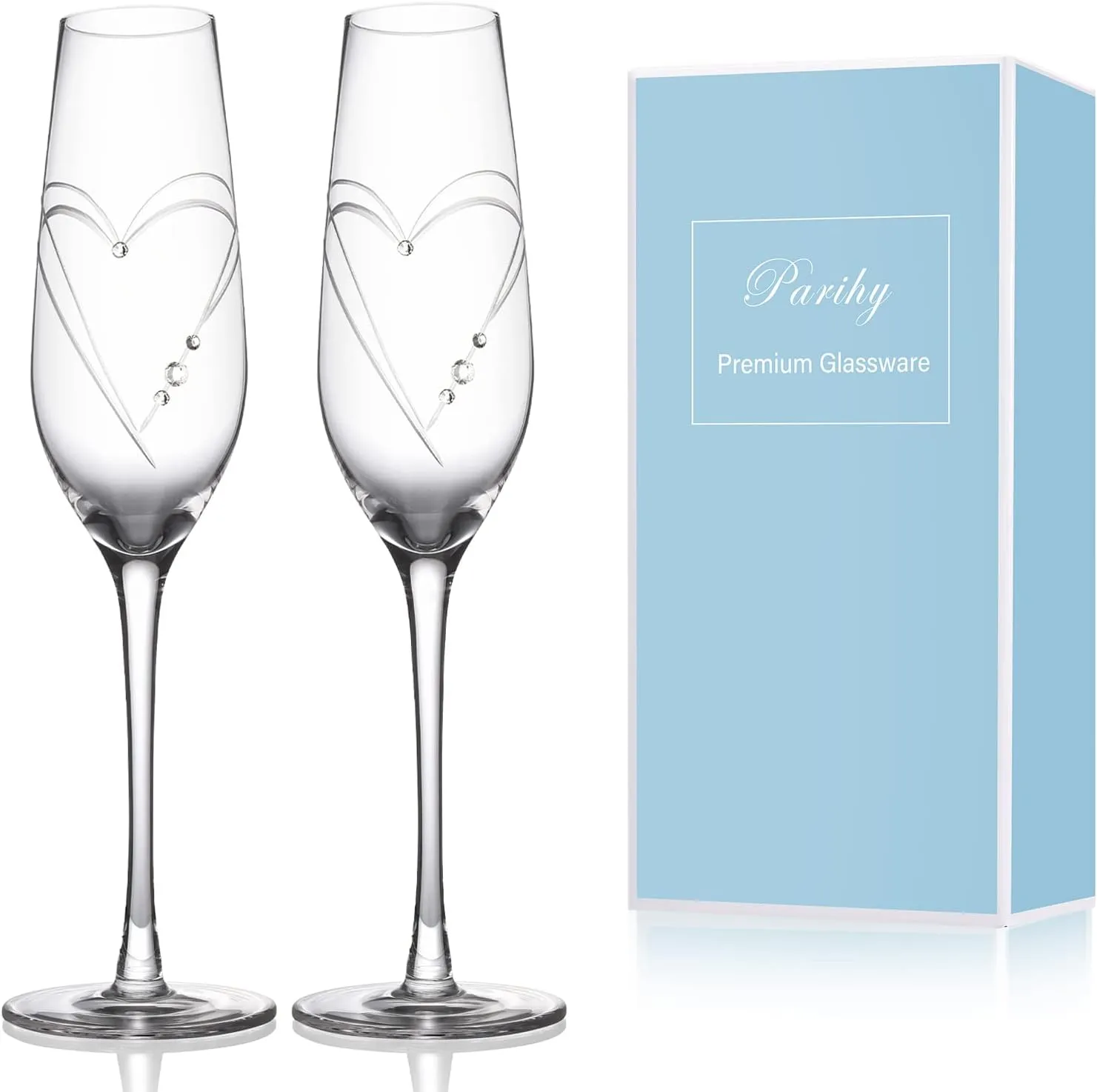 Champagne Flutes, Bride and Groom Wedding Toasting Champagne Glasses Set of 2 with Engraved Love Heart Design Embellished with Crystal, Wedding Engagement Christmas Presents for Couple