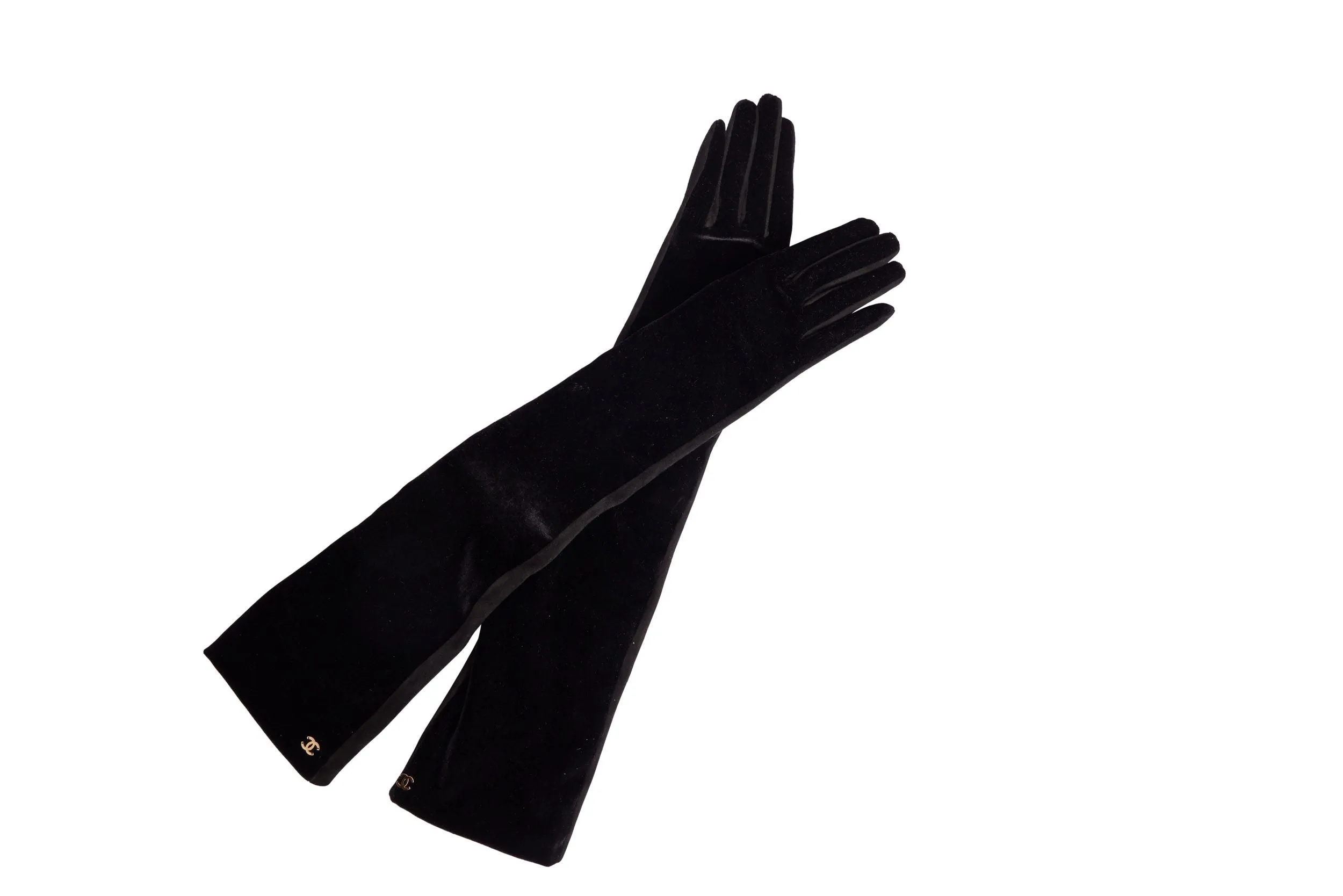 Chanel Black Velvet Suede Long Gloves