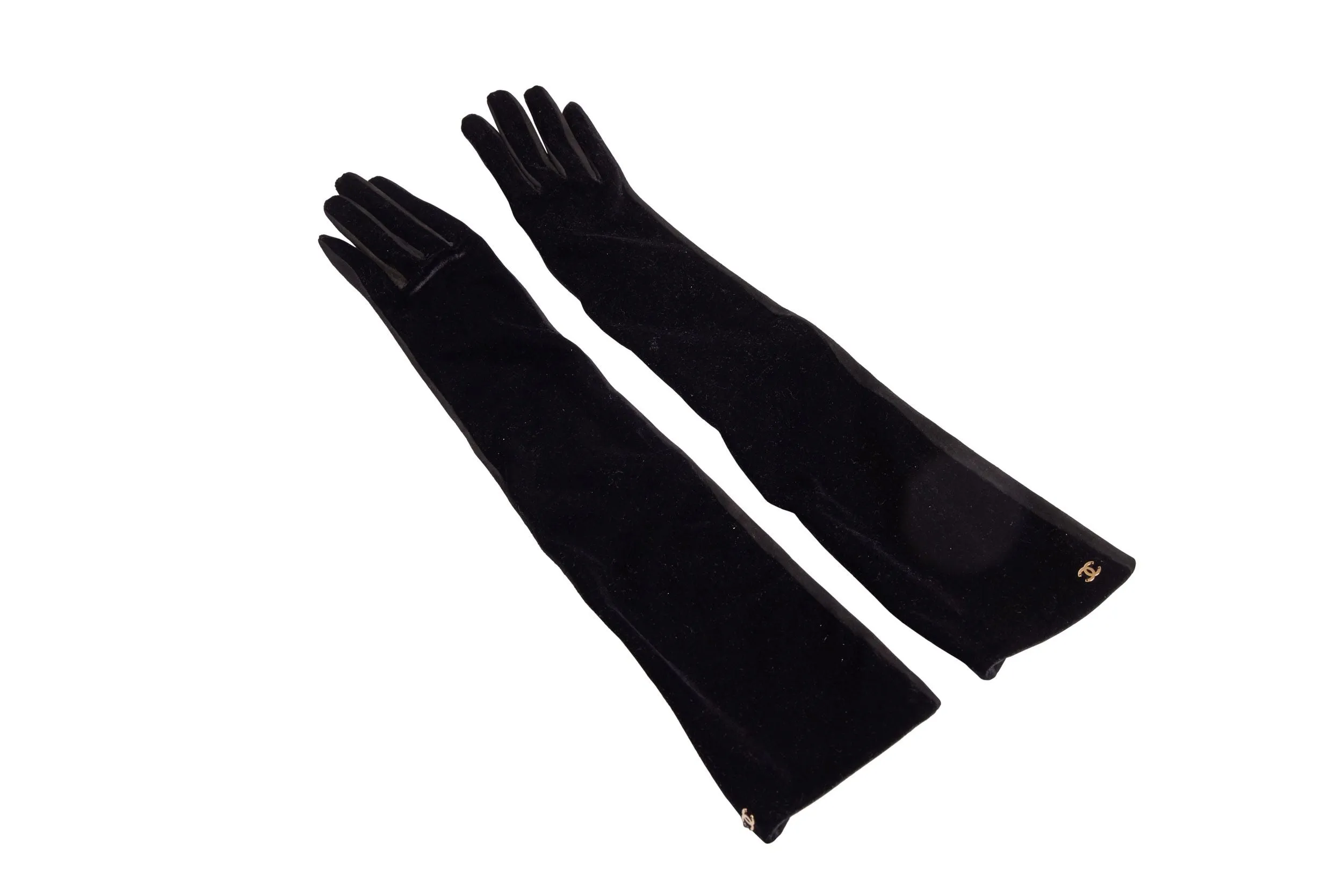 Chanel Black Velvet Suede Long Gloves