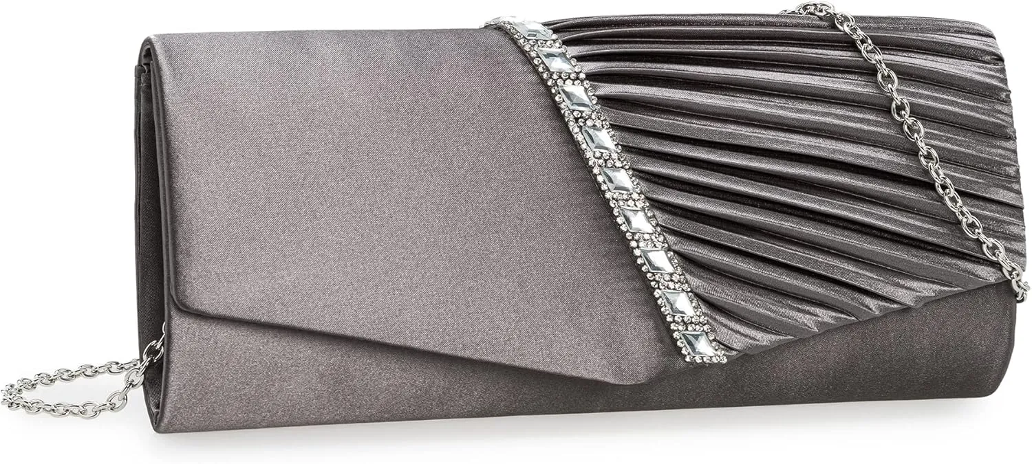 CHARMING TAILOR Evening Handbag Crystal Embellished and Pleated Satin Clutch