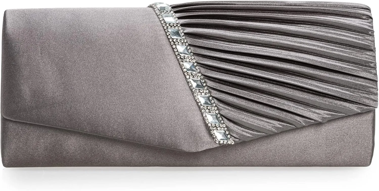 CHARMING TAILOR Evening Handbag Crystal Embellished and Pleated Satin Clutch