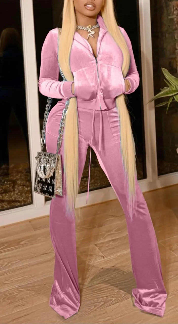Chatinction Women's 2 Piece Outfit Velour Zip Up Crop Jacket and Bell Bottoms Long Pants with Pockets Tracksuit Set