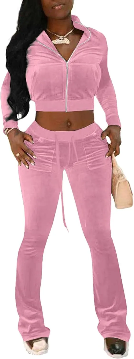 Chatinction Women's 2 Piece Outfit Velour Zip Up Crop Jacket and Bell Bottoms Long Pants with Pockets Tracksuit Set