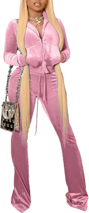 Chatinction Women's 2 Piece Outfit Velour Zip Up Crop Jacket and Bell Bottoms Long Pants with Pockets Tracksuit Set