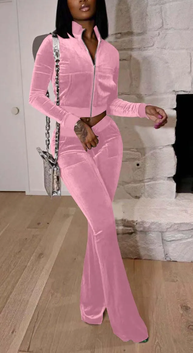 Chatinction Women's 2 Piece Outfit Velour Zip Up Crop Jacket and Bell Bottoms Long Pants with Pockets Tracksuit Set