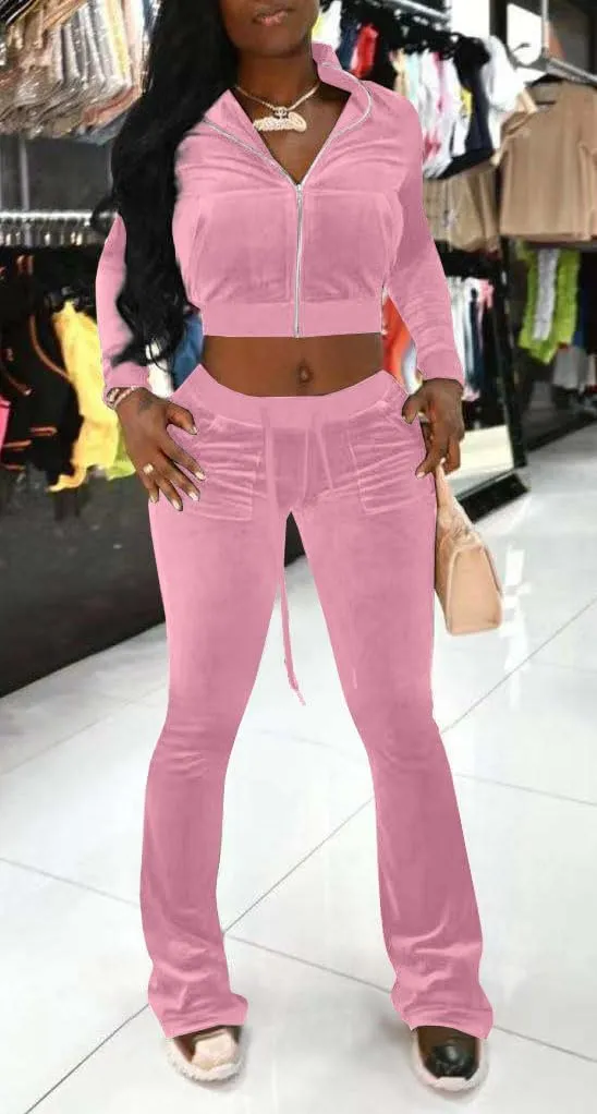 Chatinction Women's 2 Piece Outfit Velour Zip Up Crop Jacket and Bell Bottoms Long Pants with Pockets Tracksuit Set