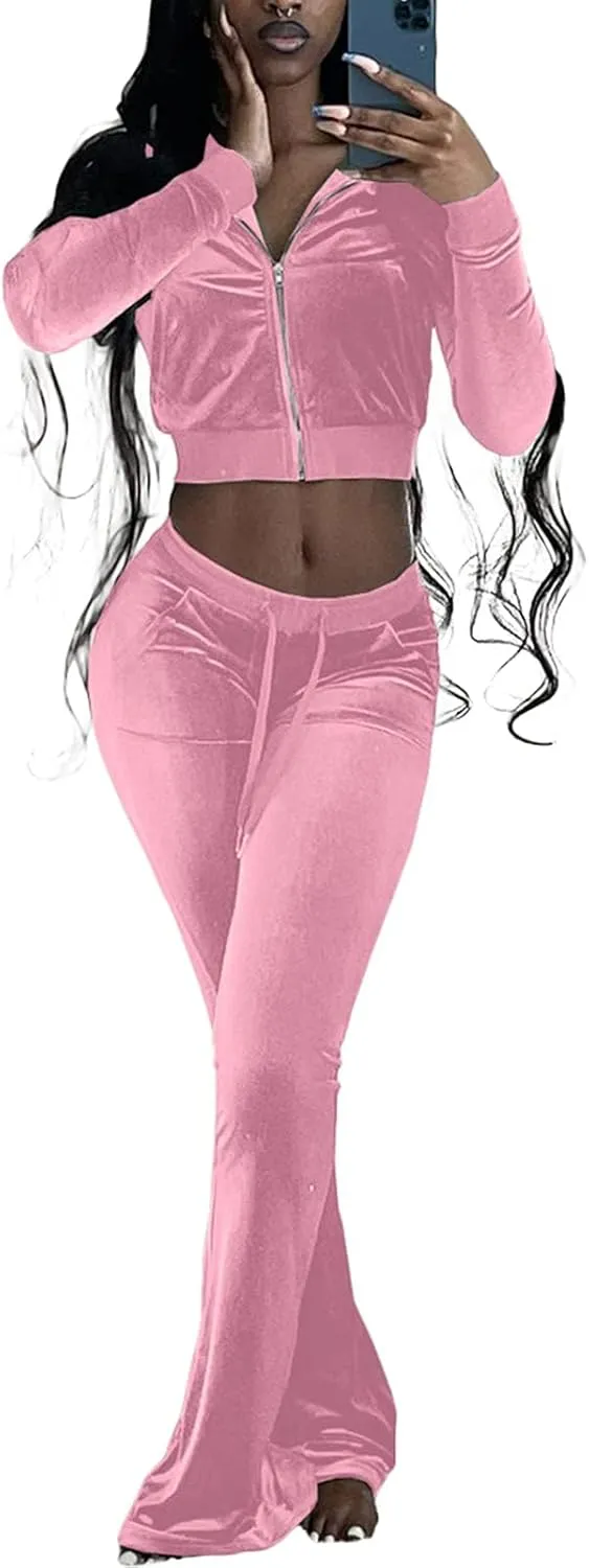 Chatinction Women's 2 Piece Outfit Velour Zip Up Crop Jacket and Bell Bottoms Long Pants with Pockets Tracksuit Set