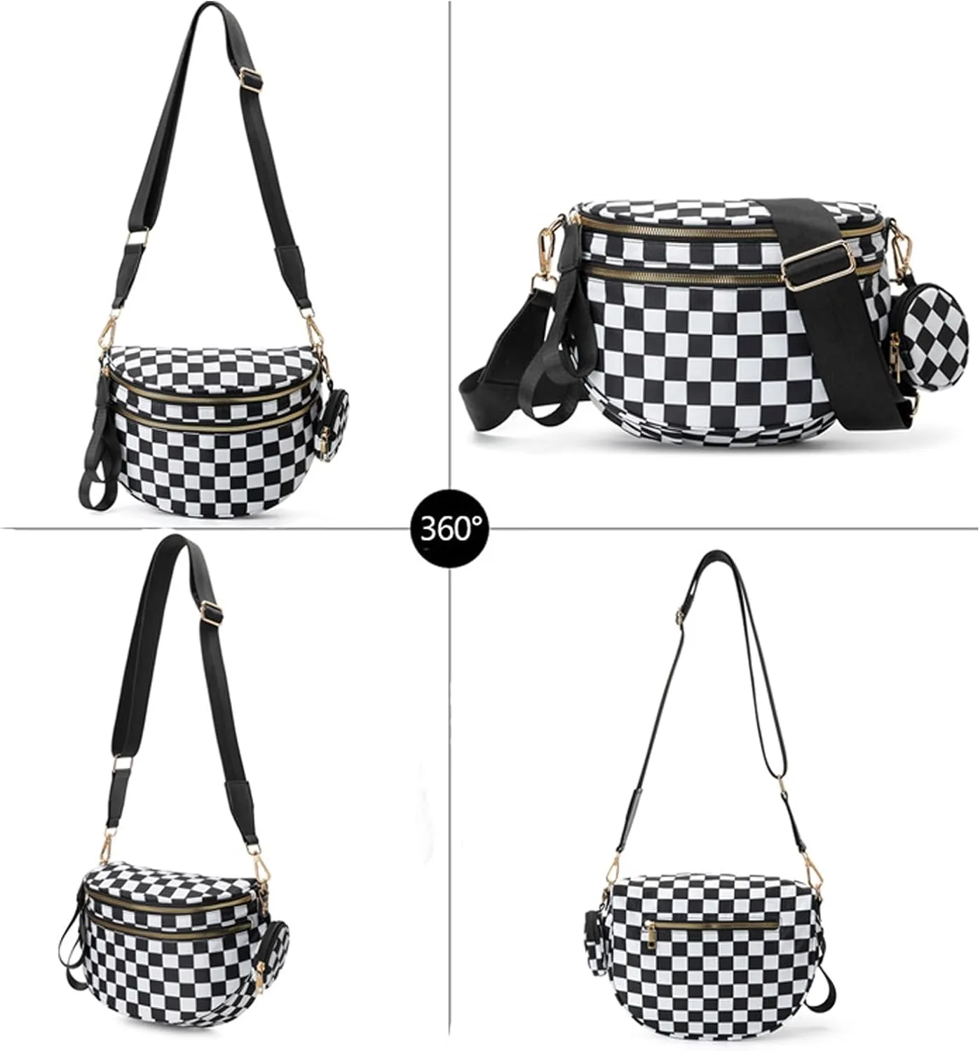 Checkered Bum Bag, Checkered Black and White Crossbody Bag for Women, Belt Bag Fanny Pack witn Adjustable Shoulder Strap (Rose Red Checkered)