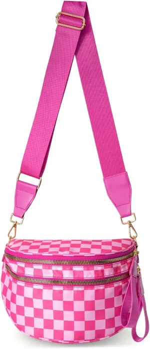 Checkered Bum Bag, Checkered Black and White Crossbody Bag for Women, Belt Bag Fanny Pack witn Adjustable Shoulder Strap (Rose Red Checkered)