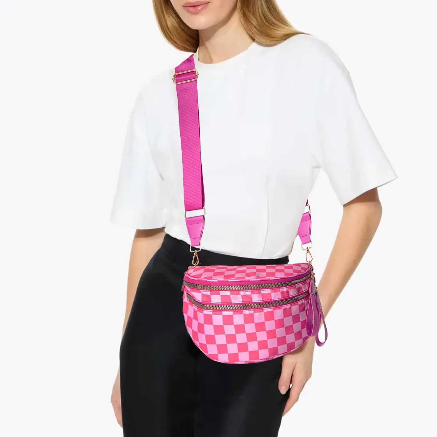 Checkered Bum Bag, Checkered Black and White Crossbody Bag for Women, Belt Bag Fanny Pack witn Adjustable Shoulder Strap (Rose Red Checkered)