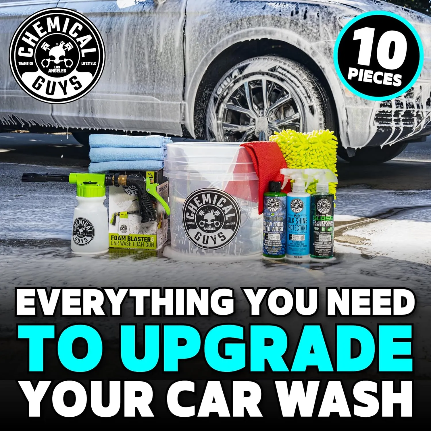 Chemical Guys HOL148 10-Piece Arsenal Builder Car Wash Kit with Foam Gun, Bucket, (4) Towels, Wash Mitt and (3) 16 oz. Car Cleaning Chemicals (Works w/Garden Hose) – 2024 Version