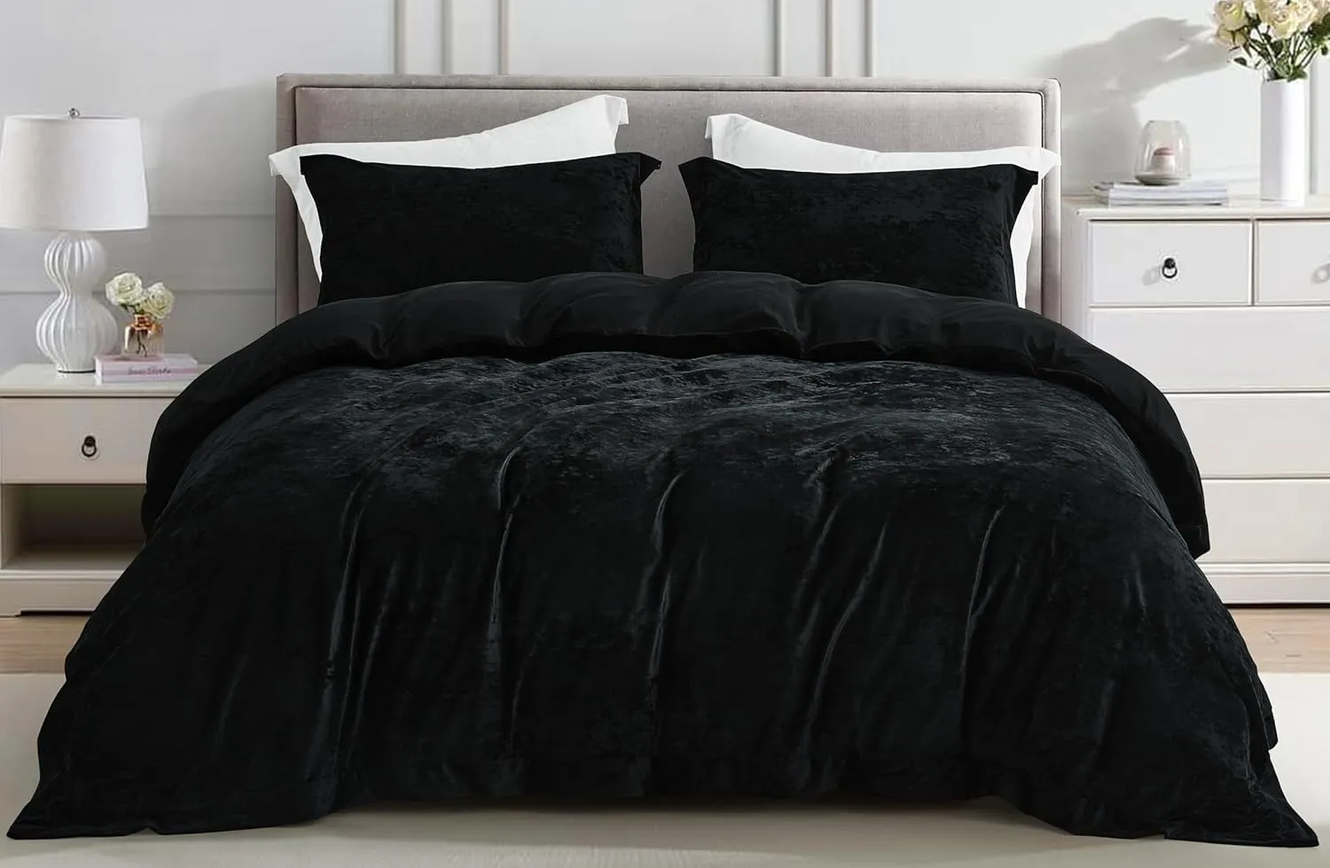 Chezmoi Collection Piers 3-Piece Black Distressed Velvet Duvet Cover Set Queen Size with Button Closure and 8 Corner Ties, Soft Washed Microfiber Reverse Comforter Cover