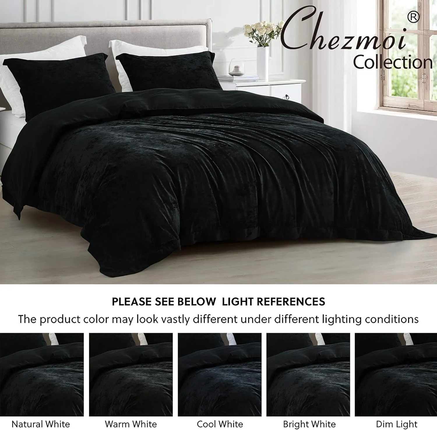 Chezmoi Collection Piers 3-Piece Black Distressed Velvet Duvet Cover Set Queen Size with Button Closure and 8 Corner Ties, Soft Washed Microfiber Reverse Comforter Cover