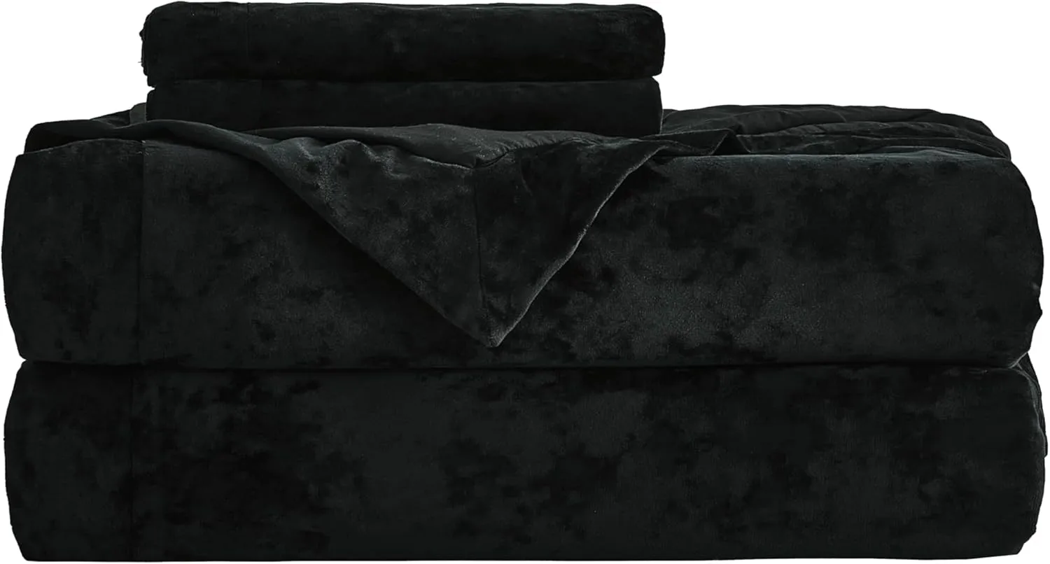 Chezmoi Collection Piers 3-Piece Black Distressed Velvet Duvet Cover Set Queen Size with Button Closure and 8 Corner Ties, Soft Washed Microfiber Reverse Comforter Cover
