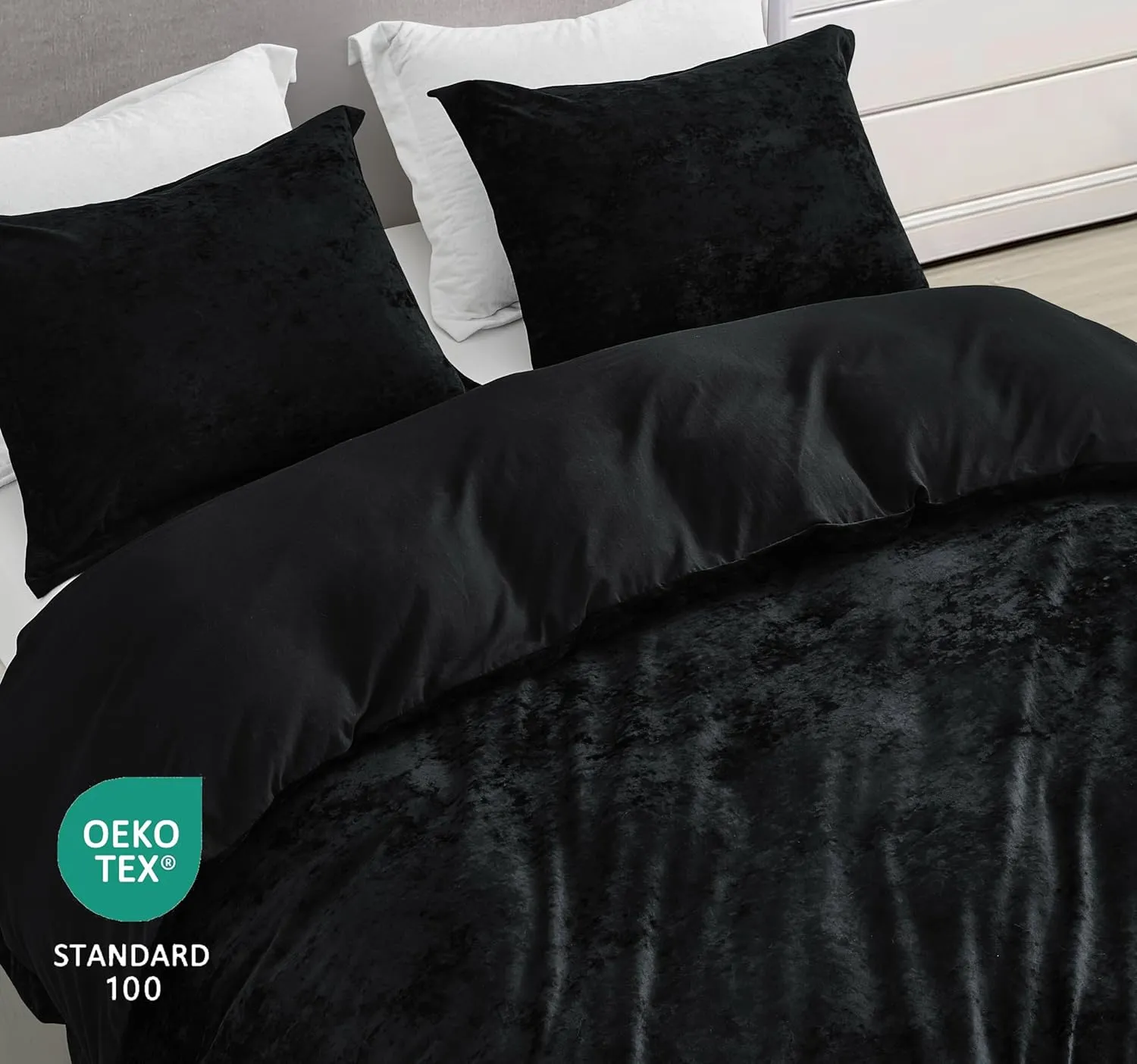 Chezmoi Collection Piers 3-Piece Black Distressed Velvet Duvet Cover Set Queen Size with Button Closure and 8 Corner Ties, Soft Washed Microfiber Reverse Comforter Cover