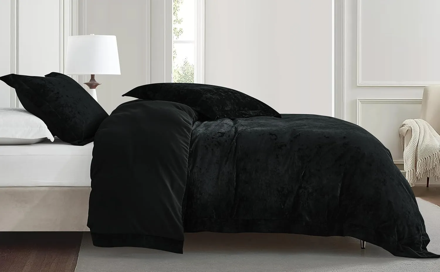 Chezmoi Collection Piers 3-Piece Black Distressed Velvet Duvet Cover Set Queen Size with Button Closure and 8 Corner Ties, Soft Washed Microfiber Reverse Comforter Cover