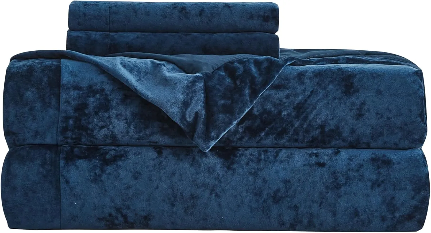 Chezmoi Collection Piers 3-Piece Navy Blue Distressed Velvet Duvet Cover Set Queen Size with Button Closure and 8 Corner Ties, Soft Washed Microfiber Reverse Comforter Cover