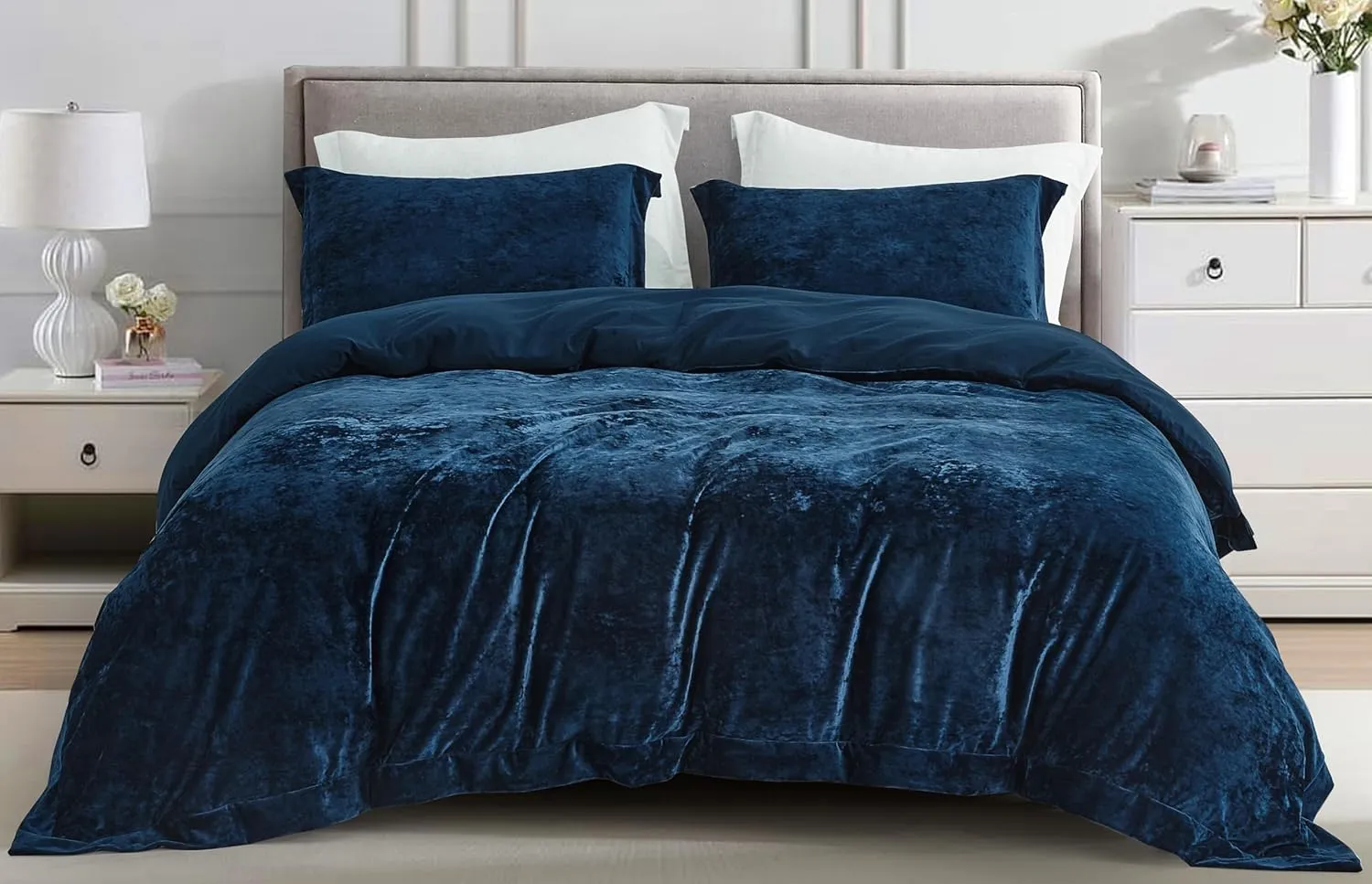 Chezmoi Collection Piers 3-Piece Navy Blue Distressed Velvet Duvet Cover Set Queen Size with Button Closure and 8 Corner Ties, Soft Washed Microfiber Reverse Comforter Cover