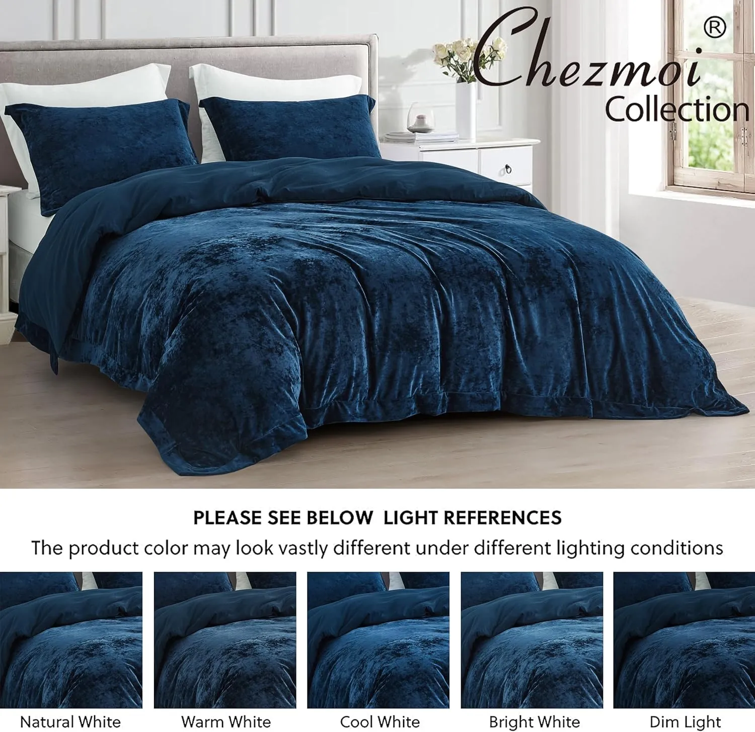 Chezmoi Collection Piers 3-Piece Navy Blue Distressed Velvet Duvet Cover Set Queen Size with Button Closure and 8 Corner Ties, Soft Washed Microfiber Reverse Comforter Cover