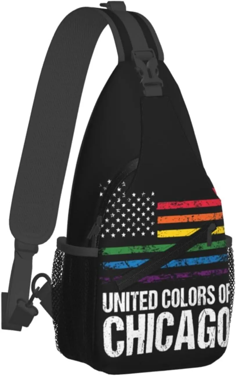 Chicago Gay LGBT Pride Rainbow American Flag Crossbody Bags Sling Backpack Cross Chest Bag Sports Shoulder Bag Gym Fanny Pack Adjustable Cycling Daypack Diagonally Rucksack for Running