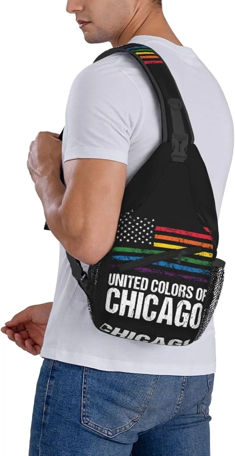 Chicago Gay LGBT Pride Rainbow American Flag Crossbody Bags Sling Backpack Cross Chest Bag Sports Shoulder Bag Gym Fanny Pack Adjustable Cycling Daypack Diagonally Rucksack for Running