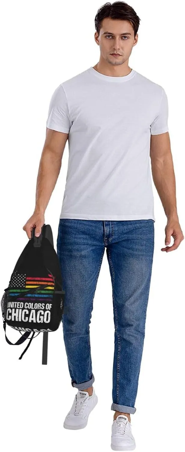 Chicago Gay LGBT Pride Rainbow American Flag Crossbody Bags Sling Backpack Cross Chest Bag Sports Shoulder Bag Gym Fanny Pack Adjustable Cycling Daypack Diagonally Rucksack for Running