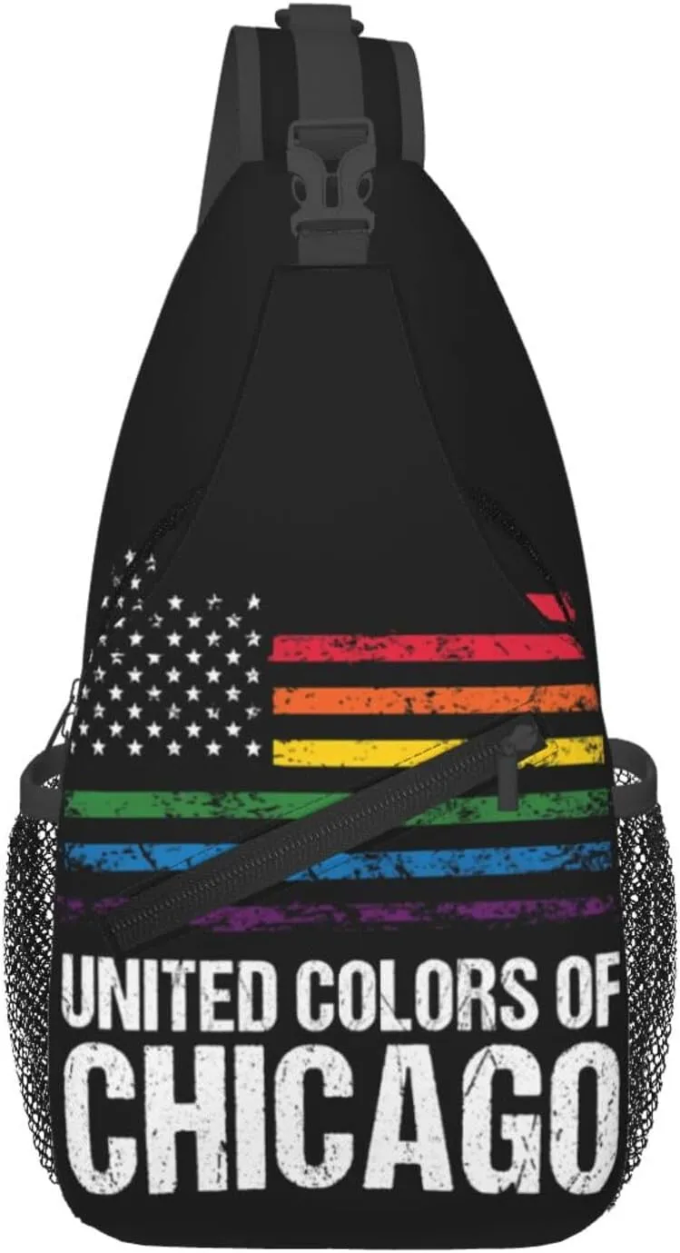 Chicago Gay LGBT Pride Rainbow American Flag Crossbody Bags Sling Backpack Cross Chest Bag Sports Shoulder Bag Gym Fanny Pack Adjustable Cycling Daypack Diagonally Rucksack for Running