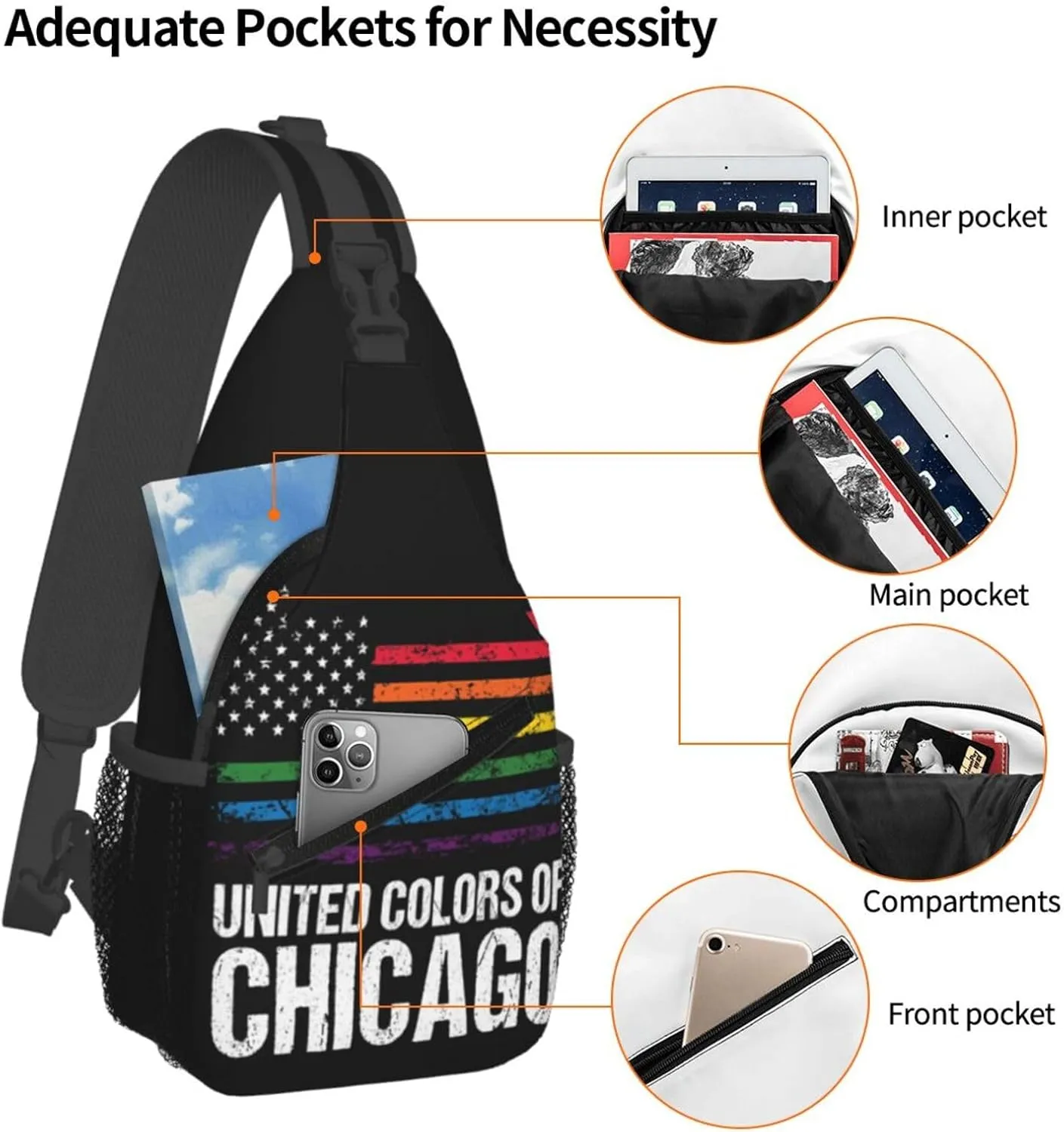 Chicago Gay LGBT Pride Rainbow American Flag Crossbody Bags Sling Backpack Cross Chest Bag Sports Shoulder Bag Gym Fanny Pack Adjustable Cycling Daypack Diagonally Rucksack for Running