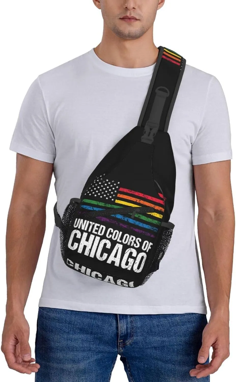 Chicago Gay LGBT Pride Rainbow American Flag Crossbody Bags Sling Backpack Cross Chest Bag Sports Shoulder Bag Gym Fanny Pack Adjustable Cycling Daypack Diagonally Rucksack for Running