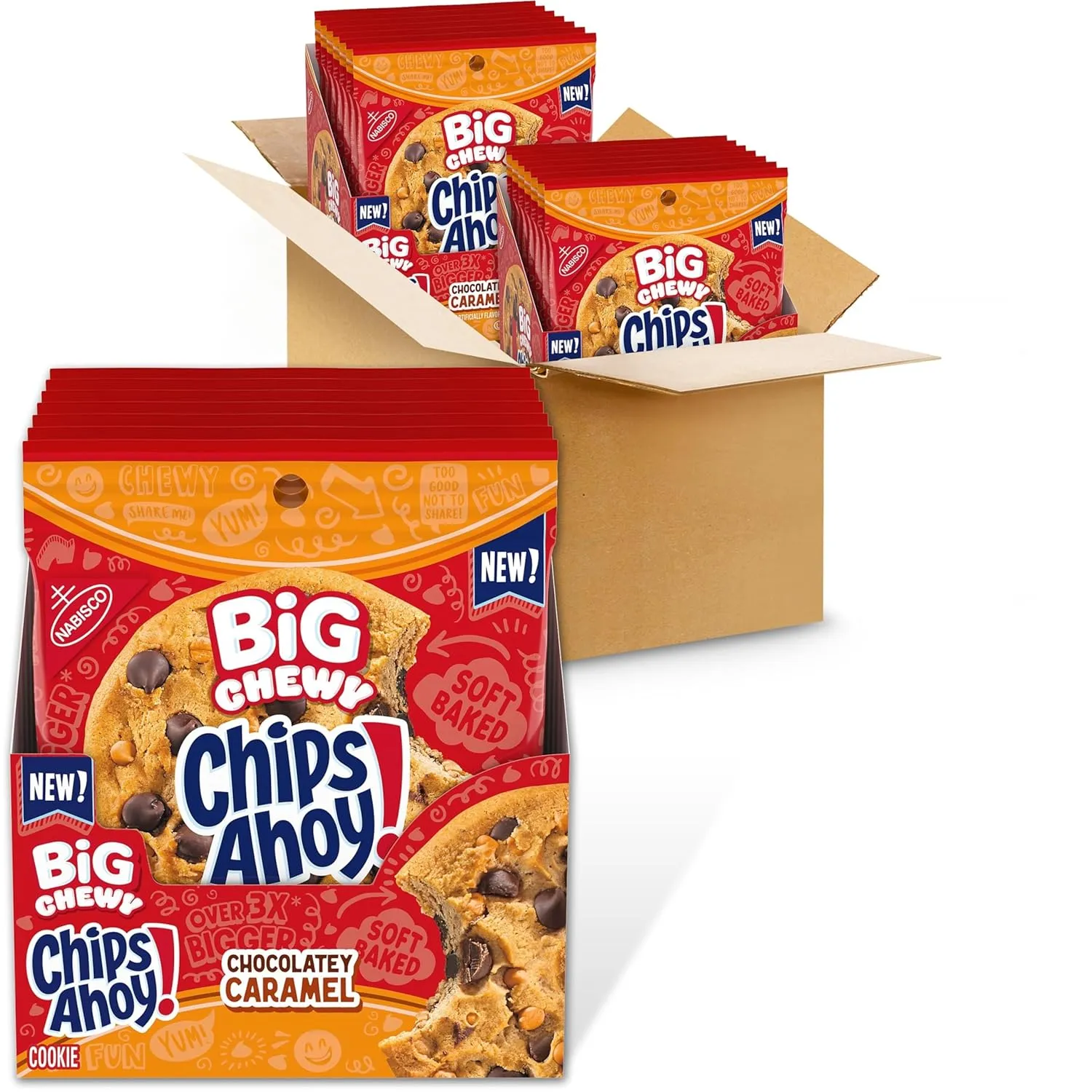 CHIPS AHOY! Big Chewy Chocolate Chip Cookies, Chocolatey Caramel, 14 Snack Packs (1 Cookie Per Pack)