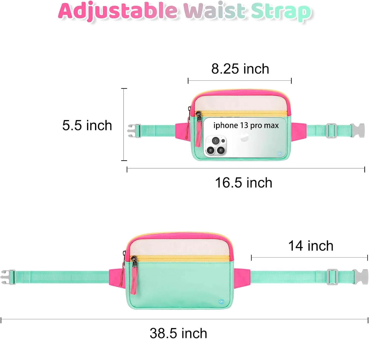 Choco Mocha Kids Fanny Pack for Girls, Kids Pink Belt Bag for Girls, Teal, Large, Pink&Teal