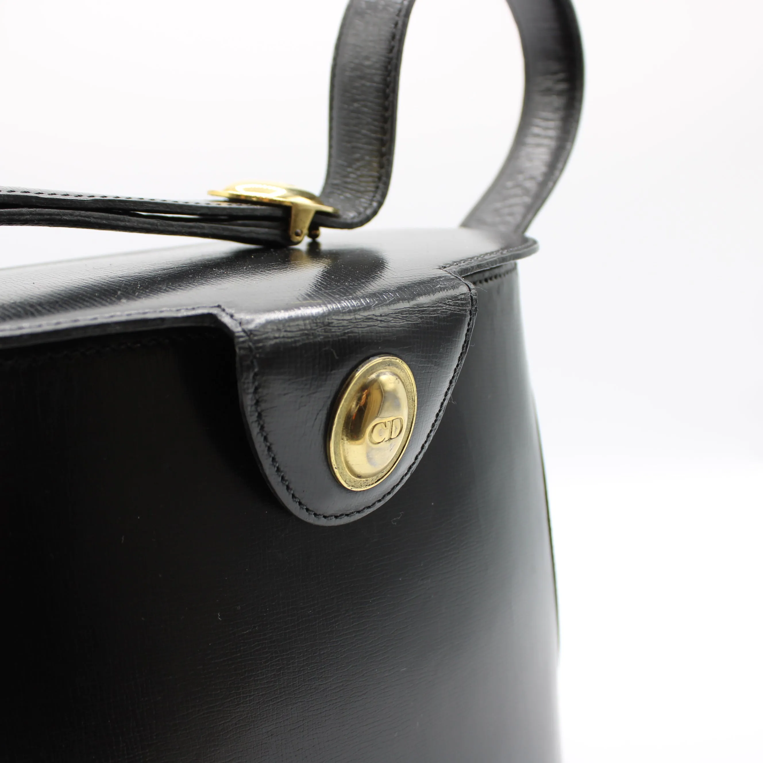 Christian Dior Gold Logo Accent Black Leather Handle Bag