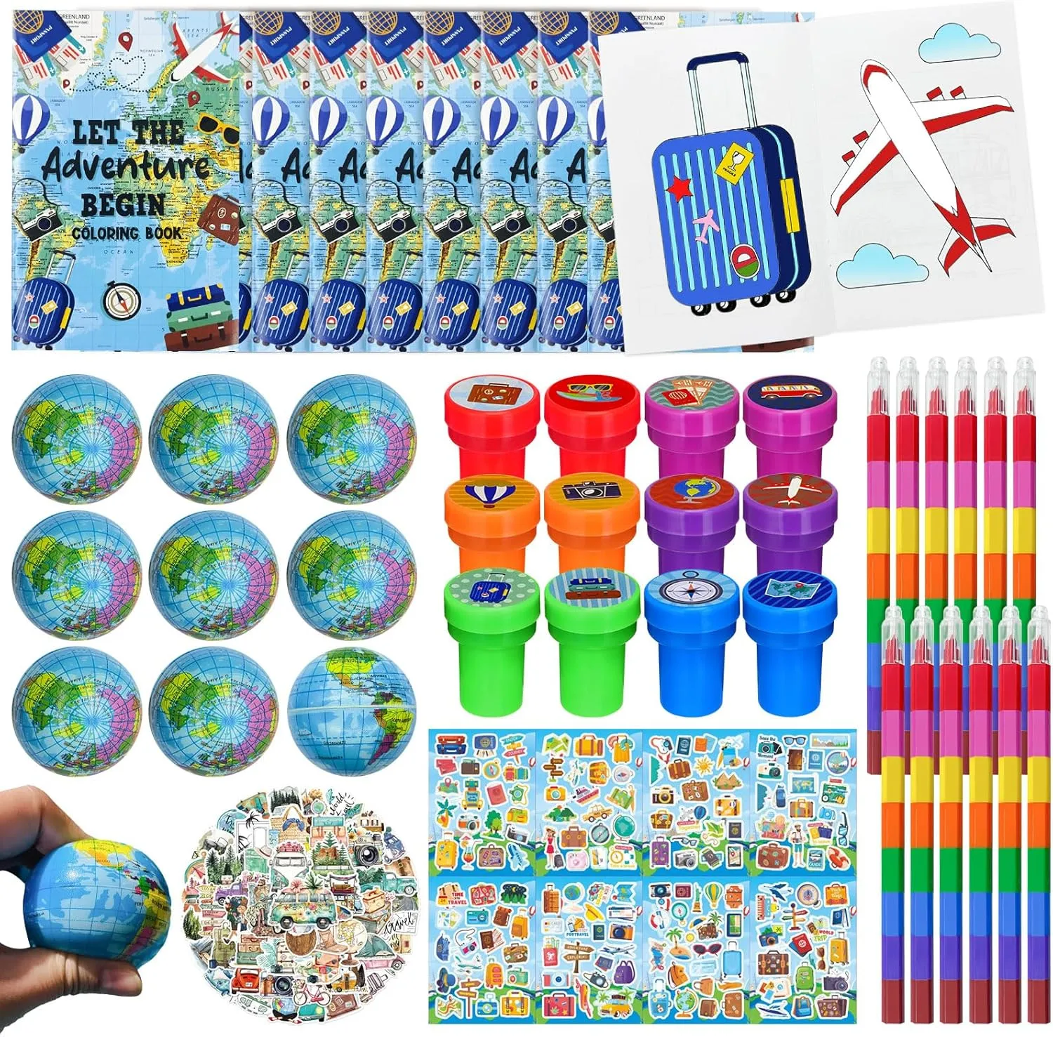 Cinrobiye 72 Pcs Let the Adventure Party Favors, Travel Coloring Books Rainbow Pencils Stampers Tattoos World Balls Stickers Goodie Bag Fillers for Bon Voyage Party Supplies Classroom Prizes Bulk Set