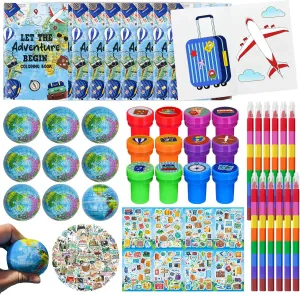 Cinrobiye 72 Pcs Let the Adventure Party Favors, Travel Coloring Books Rainbow Pencils Stampers Tattoos World Balls Stickers Goodie Bag Fillers for Bon Voyage Party Supplies Classroom Prizes Bulk Set
